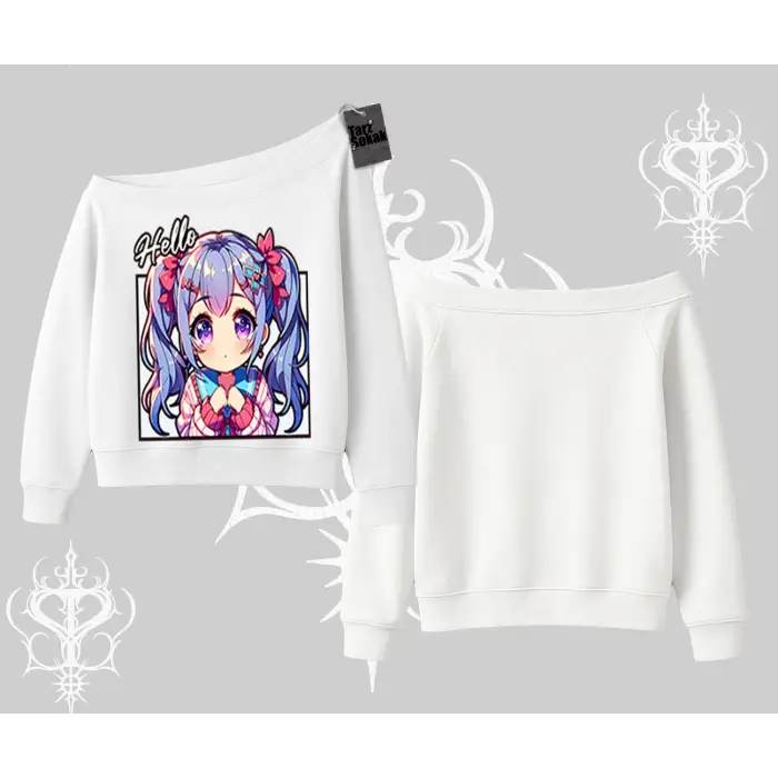 Kayık Yaka Sweatshirt Hello Anime Kız Sevimli Karakter Baskılı