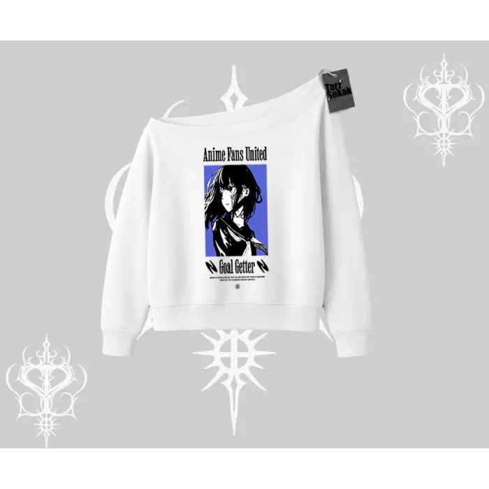 Kayık Yaka Sweatshirt Oversize Anime Kız Baskılı