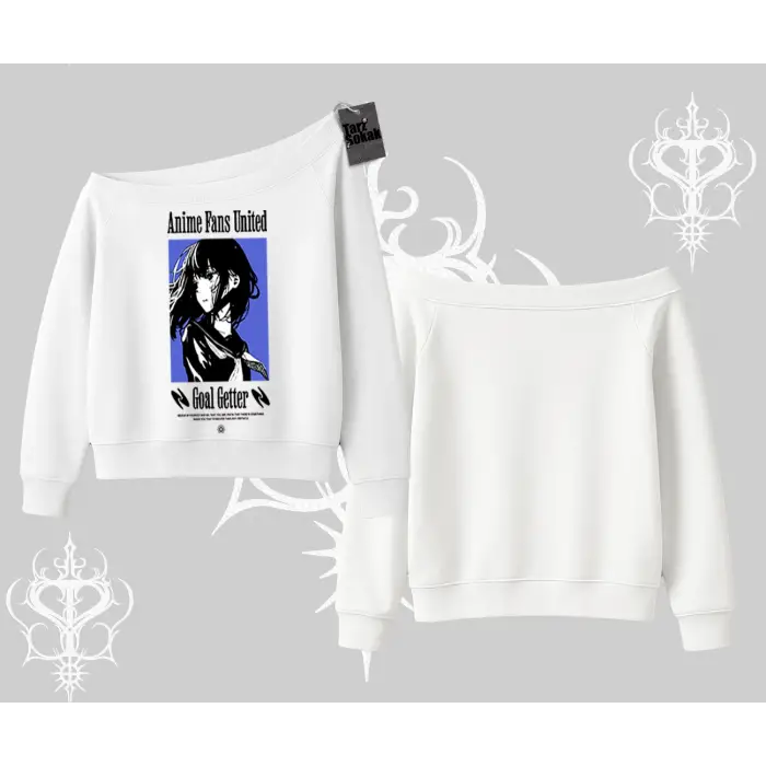 Kayık Yaka Sweatshirt Oversize Anime Kız Baskılı