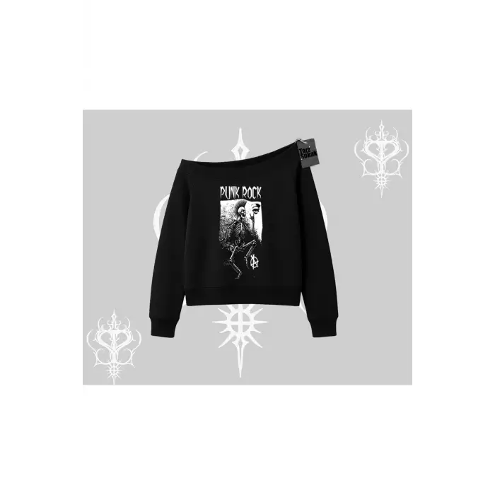 Kayık Yaka Sweatshirt Punk Rock Chaos Skeleton Riot