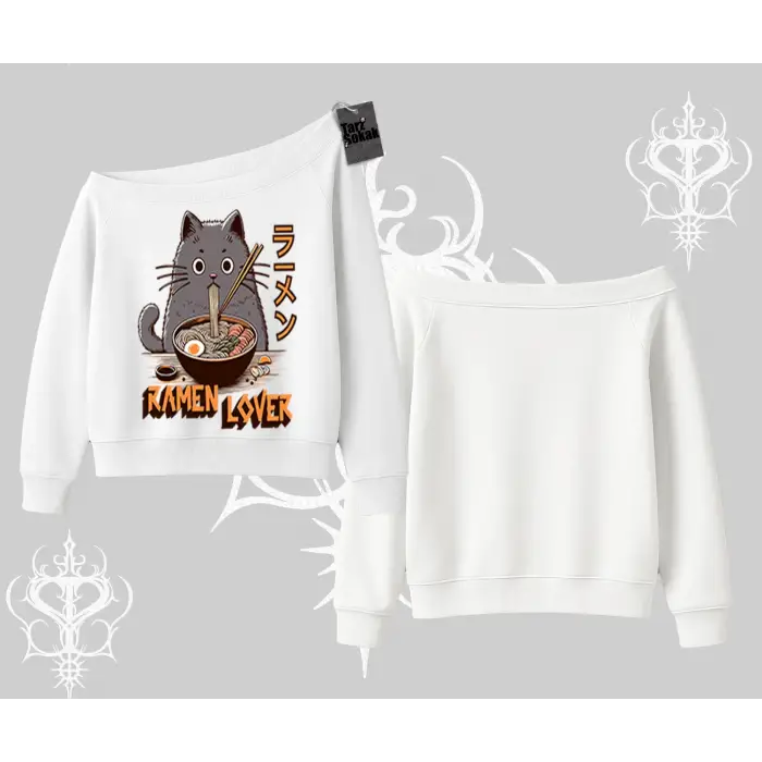 Kayık Yaka Sweatshirt Ramen Lover Kedi Anime Baskılı