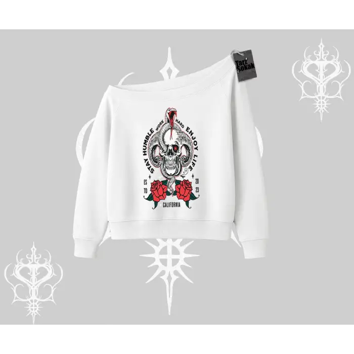 Kayık Yaka Sweatshirt Stay Humble Work Hard Enjoy Life