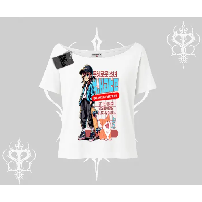 Kayık Yaka Tshirt Anime Hiker Girl Balance Is Everything Baskılı