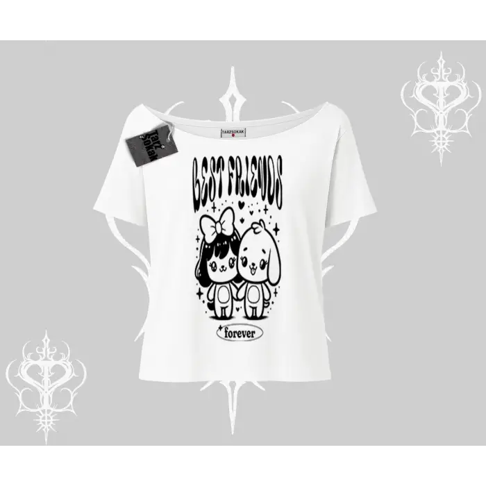 Kayık Yaka Tshirt Best Friends Forever Baskılı Sevimli Tasarım