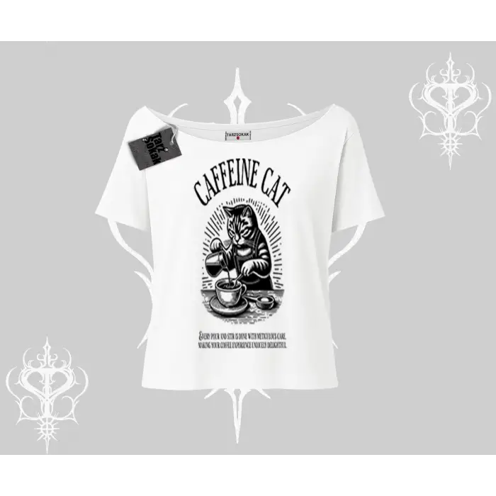 Kayık Yaka Tshirt Caffeine Cat Kahve Temalı Kedi Baskılı