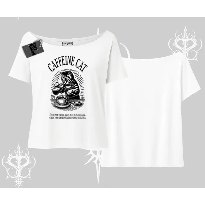 Kayık Yaka Tshirt Caffeine Cat Kahve Temalı Kedi Baskılı