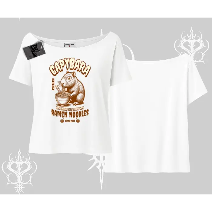 Kayık Yaka Tshirt Cute Capybara Enjoying Ramen Noodles Artwork