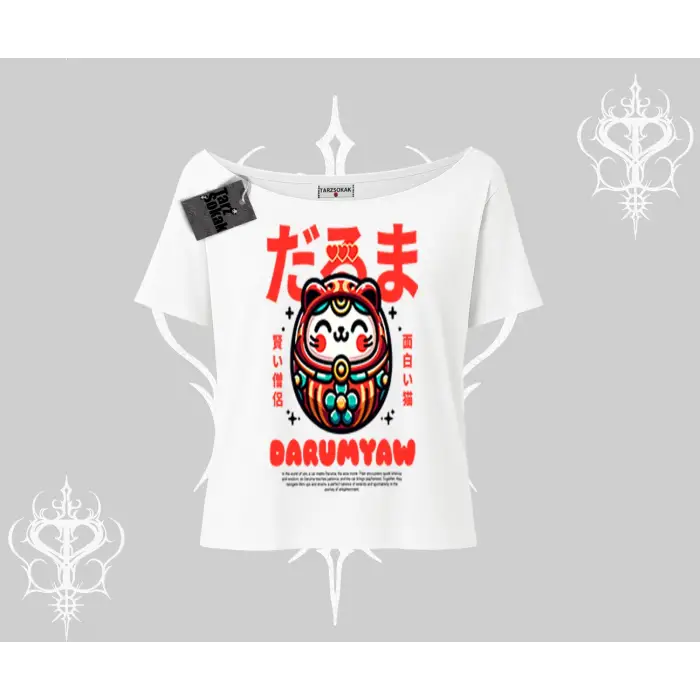 Kayık Yaka Tshirt Daruma Kedi Anime Baskılı