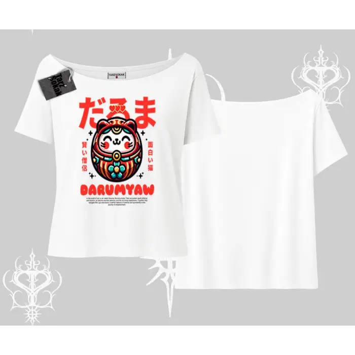 Kayık Yaka Tshirt Daruma Kedi Anime Baskılı