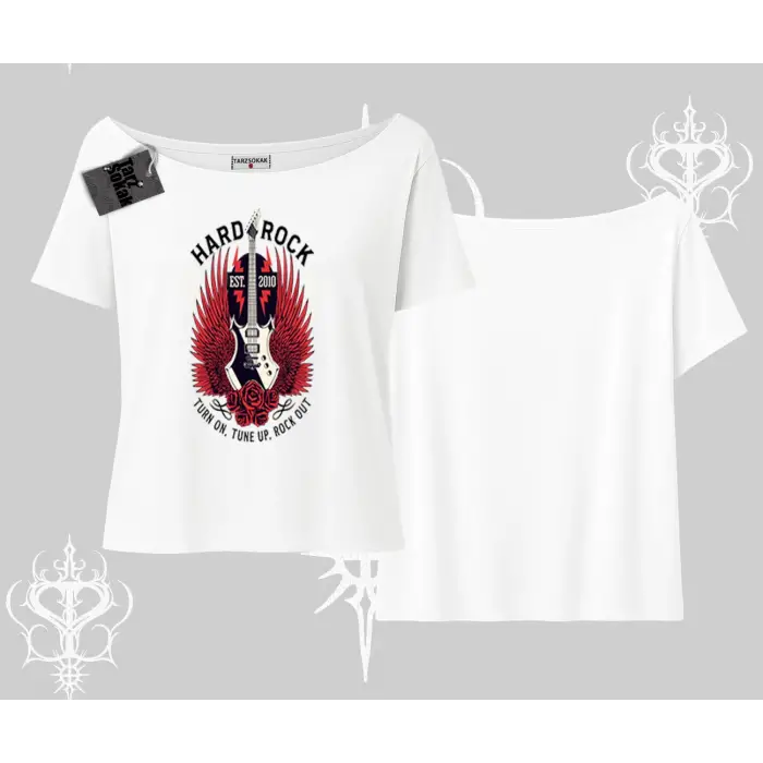 Kayık Yaka Tshirt Hard Rock Winged Guitar Rebellion