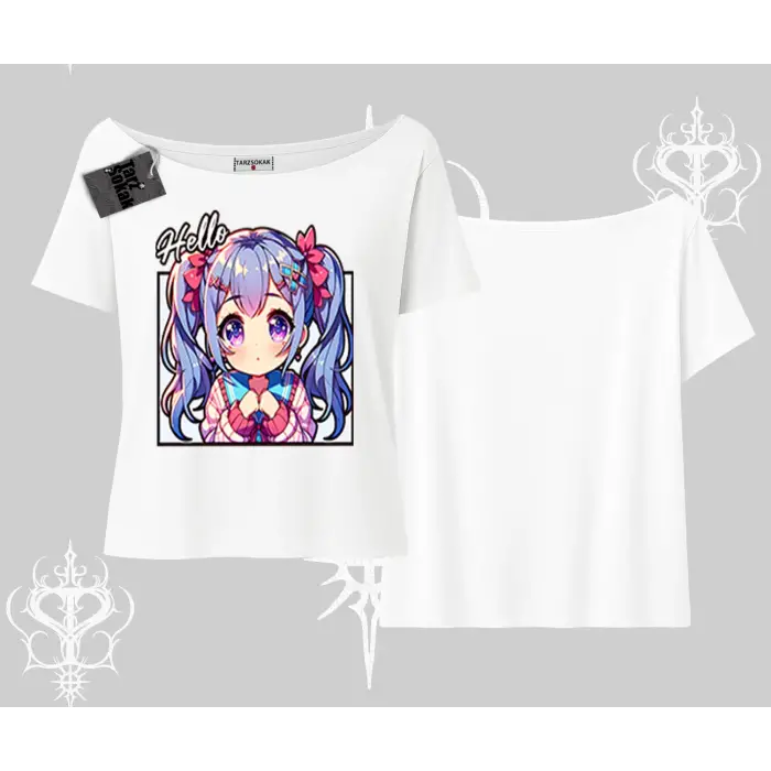 Kayık Yaka Tshirt Hello Anime Kız Sevimli Karakter Baskılı