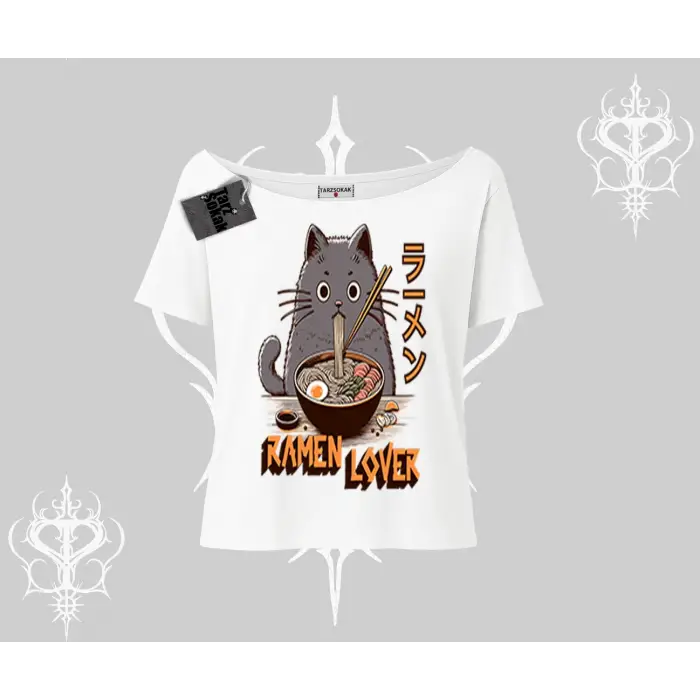 Kayık Yaka Tshirt Ramen Lover Kedi Anime Baskılı