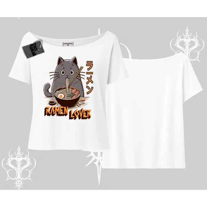 Kayık Yaka Tshirt Ramen Lover Kedi Anime Baskılı