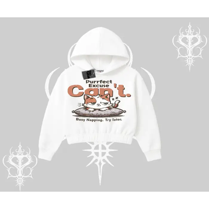 Kedi Baskılı Cant Busy Napping Y2K  Kapşonlu Crop Sweatshirt