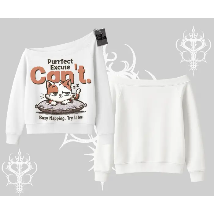 Kedi Baskılı Cant Busy Napping Y2K  Kayık Yaka Sweatshirt