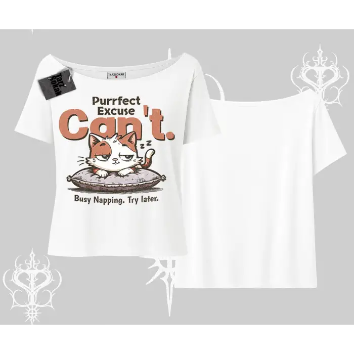 Kedi Baskılı Cant Busy Napping Y2K  Kayık Yaka Tshirt