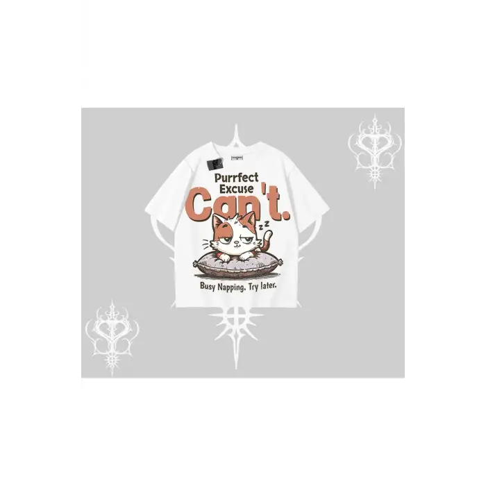 Kedi Baskılı Cant Busy Napping Y2K Oversize Tshirt