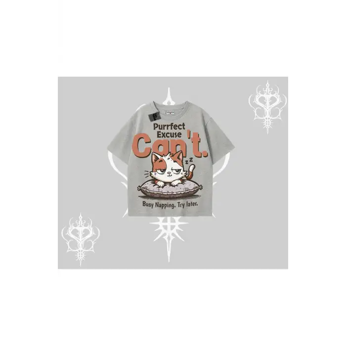 Kedi Baskılı Cant Busy Napping Y2K Oversize Tshirt