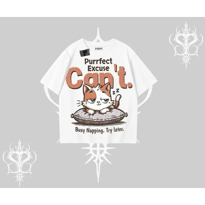 Kedi Baskılı Cant Busy Napping Y2K  Oversize Tshirt