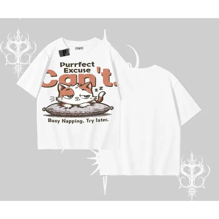 Kedi Baskılı Cant Busy Napping Y2K  Oversize Tshirt