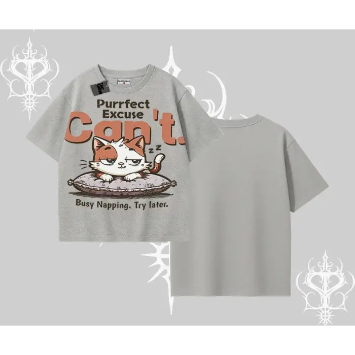 Kedi Baskılı Cant Busy Napping Y2K Oversize Tshirt - Çocuk