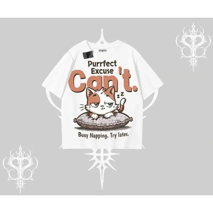 Kedi Baskılı Cant Busy Napping Y2K Oversize Tshirt - Çocuk