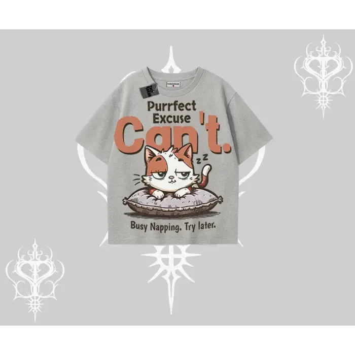 Kedi Baskılı Cant Busy Napping Y2K Oversize Tshirt - Çocuk