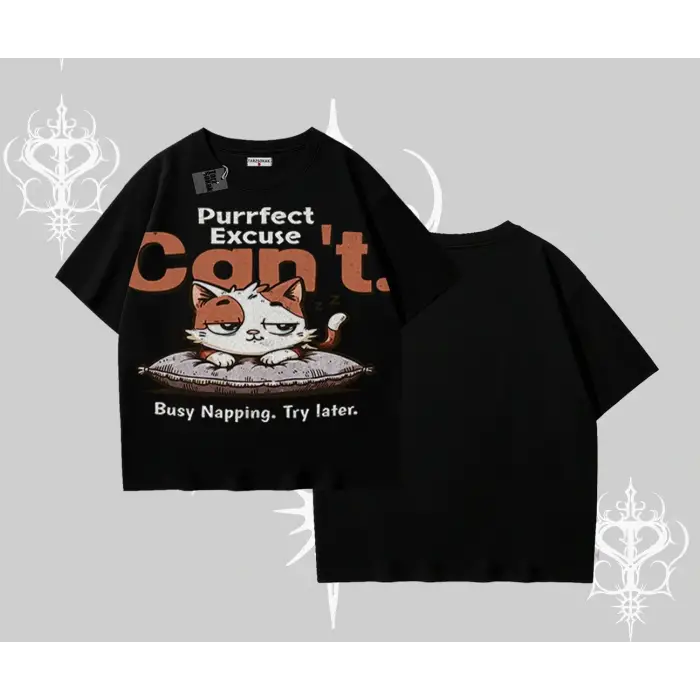 Kedi Baskılı Cant Busy Napping Y2K Oversize Tshirt - Çocuk