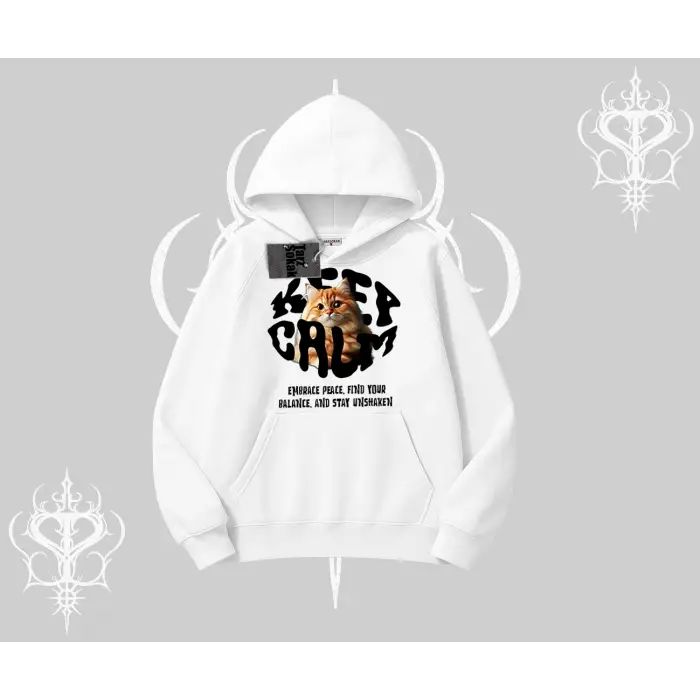 Keep Calm Yazılı Kedi Baskılı Streetwear Kapşonlu Sweatshirt