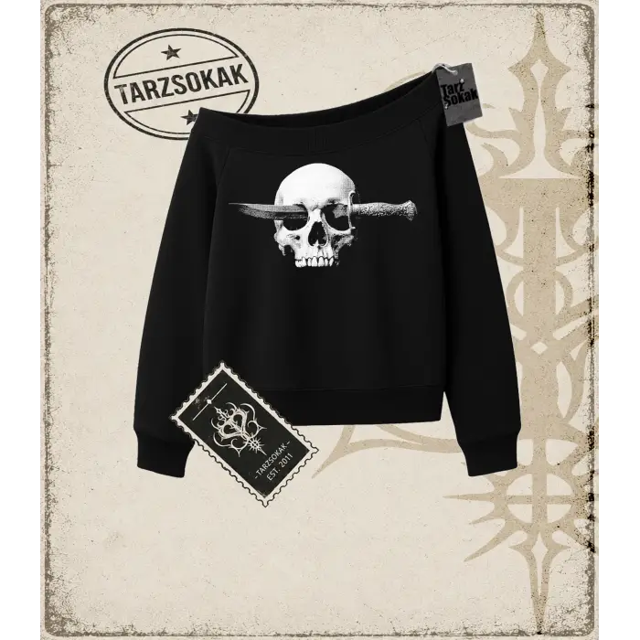 KNIFE SKULL Kadın Kayık Yaka Sweatshirt