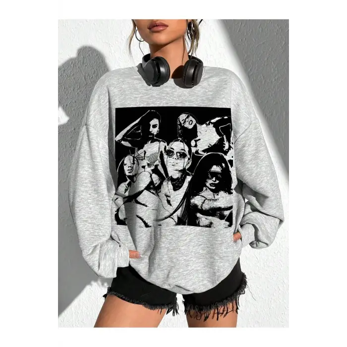 KOD ADR-SHEN EZwear Figure Graphic Drop Shoulder Oversized Sweatshirt Gri
