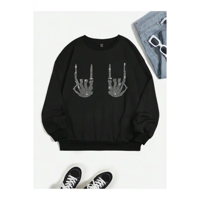 KOD ADR-SHEN EZwear Rhinestone Skeleton Finger Pattern Drop Shoulder Sweatshirt Siyah