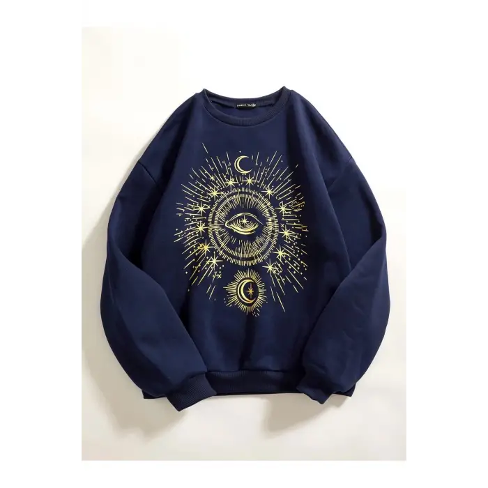 KOD ADR-SHEN EZwear Skull & Fire Print Drop Shoulder Sweatshirt BEBE MAVİ