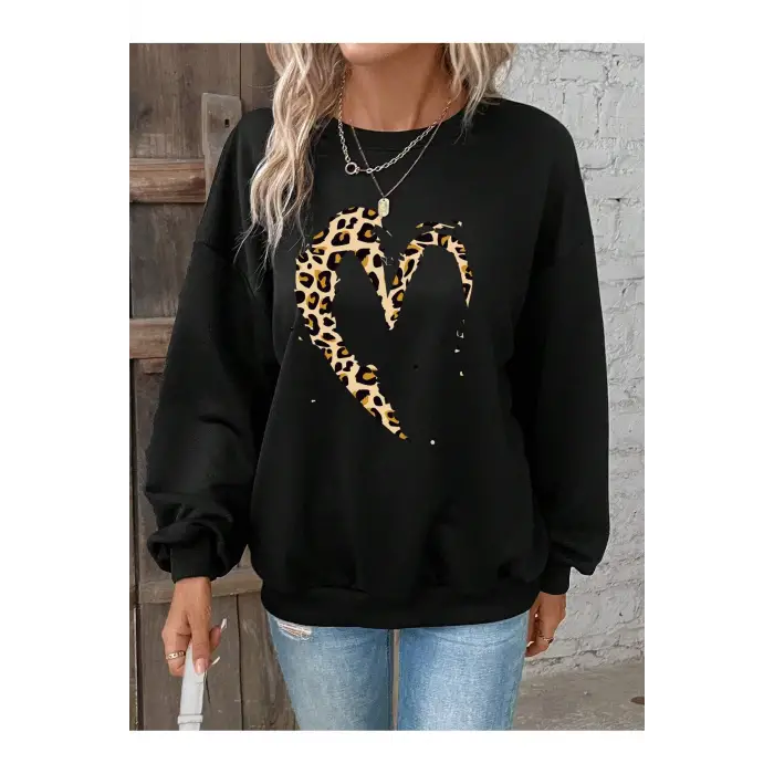 KOD ADR-SHEN LUNE Leopard & Heart Print Drop Shoulder Sweatshirt Siyah
