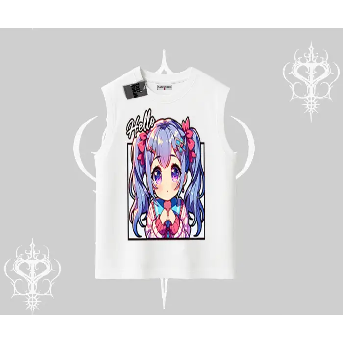 Kolsuz Tshirt Hello Anime Kız Sevimli Karakter Baskılı