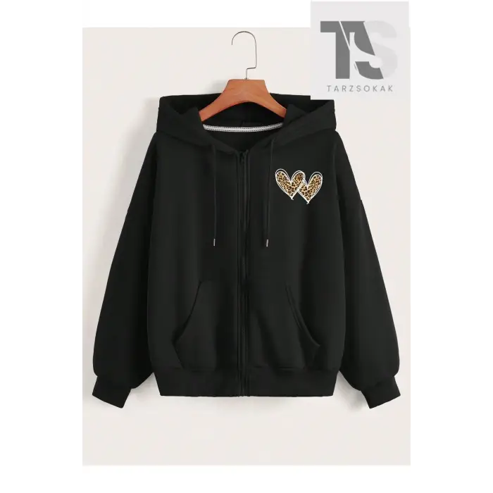 Leopar Desen Kalpler Sweatshirt Fermuarlı Hırka