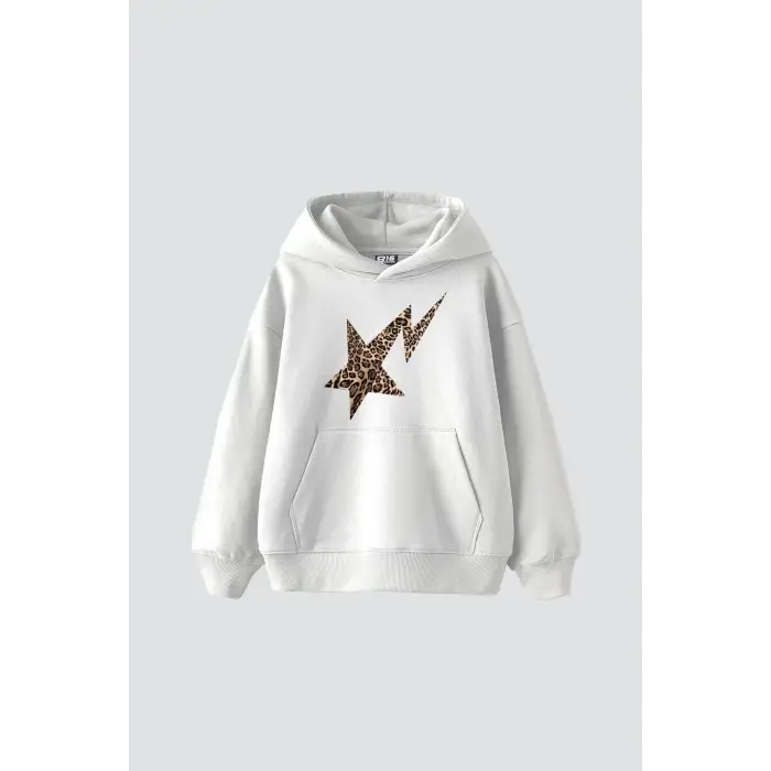 Leopar Falling Star Baskılı Oversize Unisex Premium Beyaz