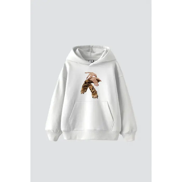 Leopar Hand Baskılı Oversize Unisex Premium Beyaz