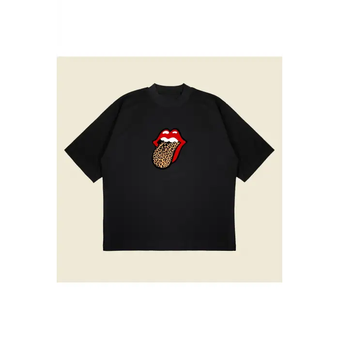 Leopar Rolling Stones Baskılı Oversize Unisex Pamuklu Nefes Alan Kalın Kumaşlı