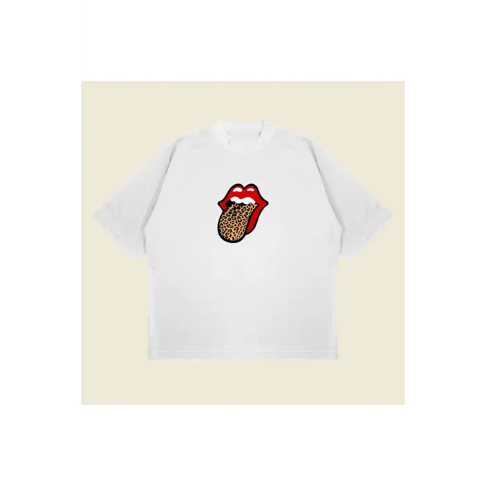Leopar Rolling Stones Baskılı Oversize Unisex Pamuklu Nefes Alan Kalın Kumaşlı