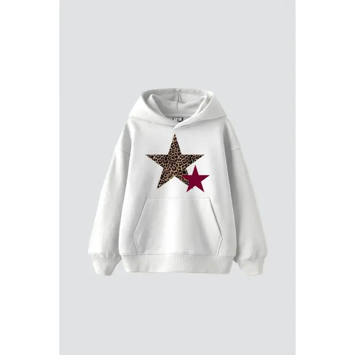Leopar Starz Baskılı Oversize Unisex Beyaz