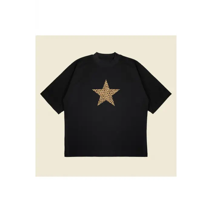 Leopar Starz Baskılı Oversize Unisex Pamuklu Nefes Alan Kalın Kumaşlı