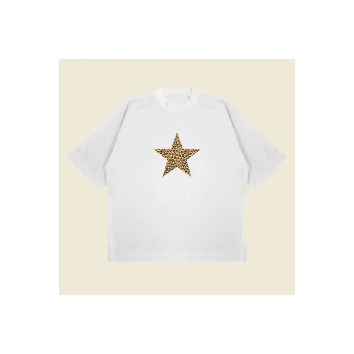 Leopar Starz Baskılı Oversize Unisex Pamuklu Nefes Alan Kalın Kumaşlı