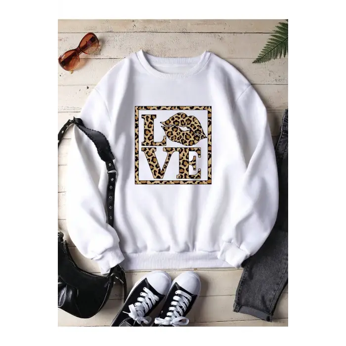 Leopard & Letter Graphic Lined Sweatshirt Beyaz