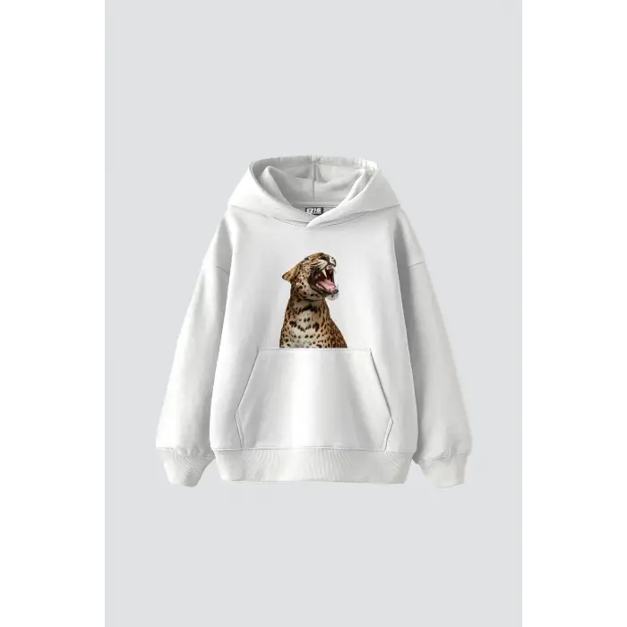 Leopard Siluet Baskılı Oversize Unisex Premium Beyaz