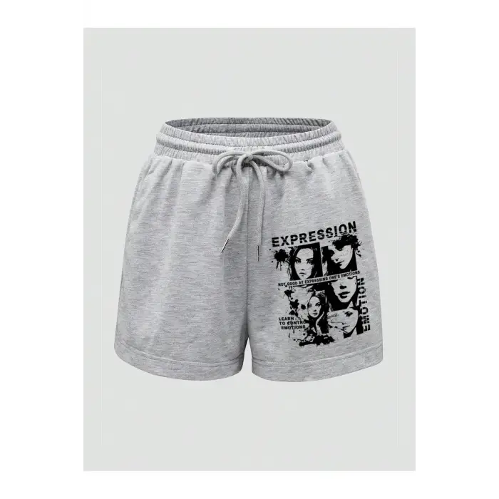 Letter Cartoon Graphic Drawstring Waist Track Şort