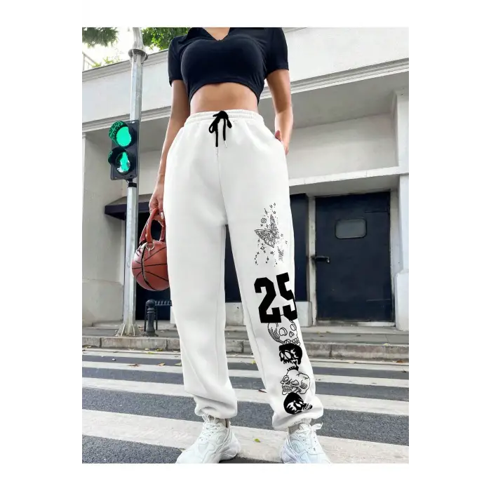 Letter Graphic Drawstring Waist 4 Mevsim Eşofman