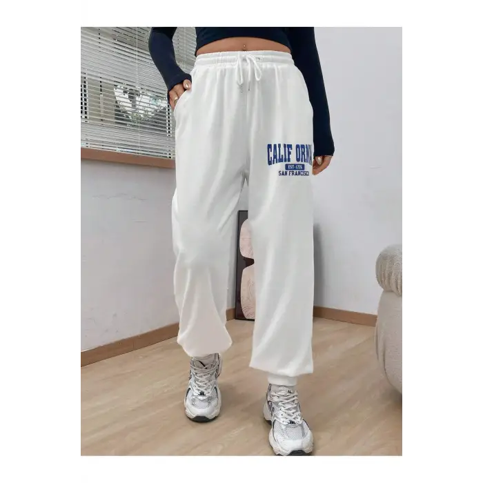Letter Graphic Drawstring Waist Slant Pocket 4 Mevsim Eşofman