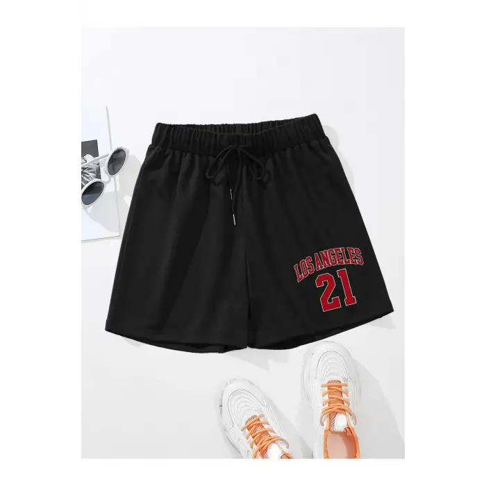 Letter Graphic Drawstring Waist Şort