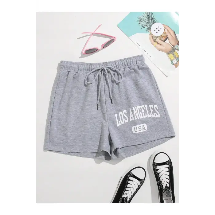 Letter Graphic Drawstring Waist Track Şort